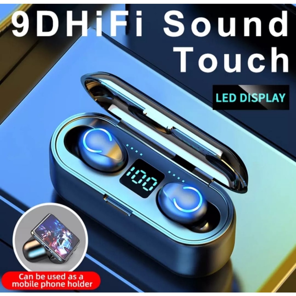 Headset Bluetooth LED Digital F9 TWS 5.0 Wireless Earbuds/F9 TWS Earbud Wireless Earphone Bluetooth Earphone 5.0 Headset Gaming Tahan Air Touch Control Layar Digital LED dengan Mikrofon 3500MAh Charger Kotak