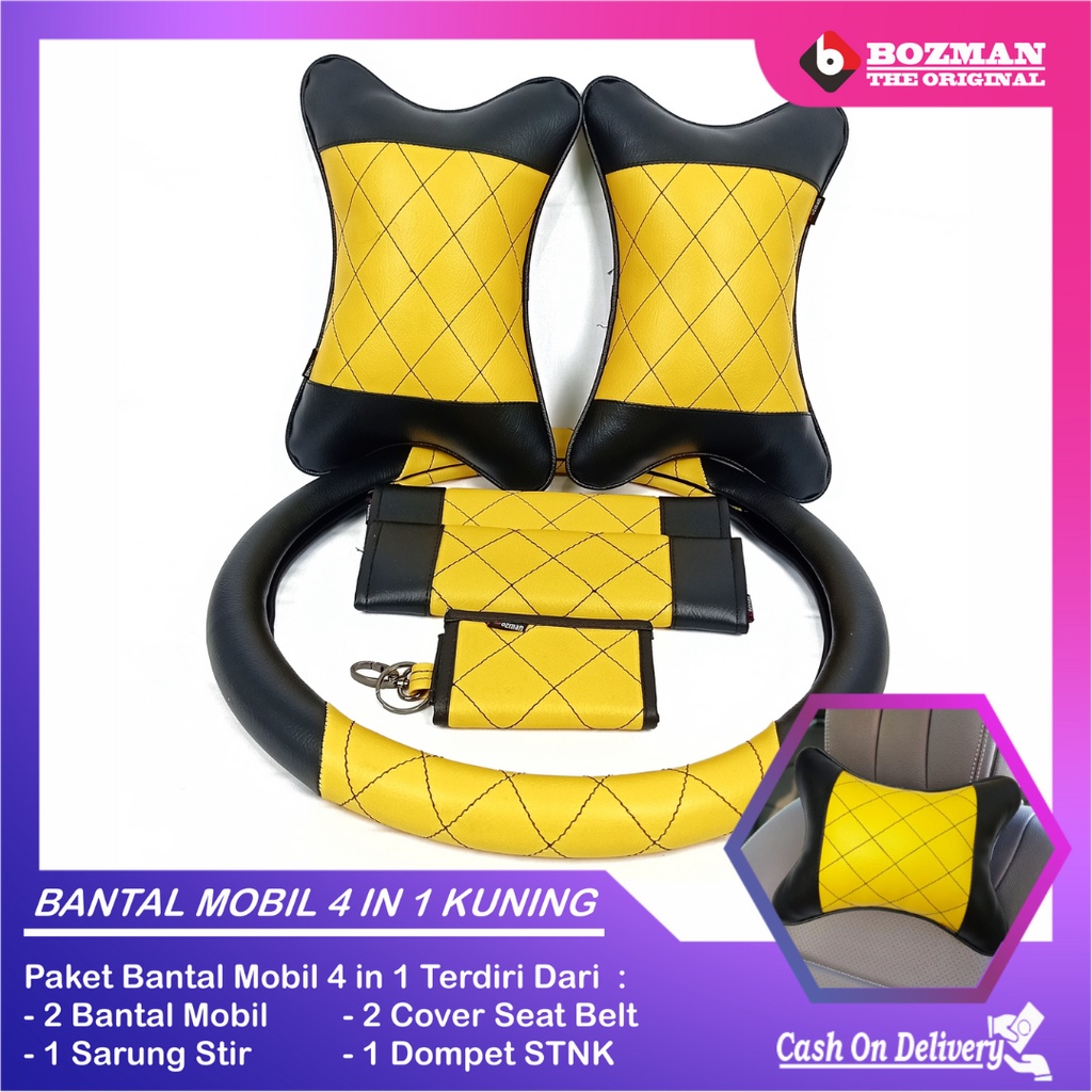 Set Bantal Mobil 4 in 1 Premium Bantal Cover Seatbelt Sarung Stir Dompet STNK