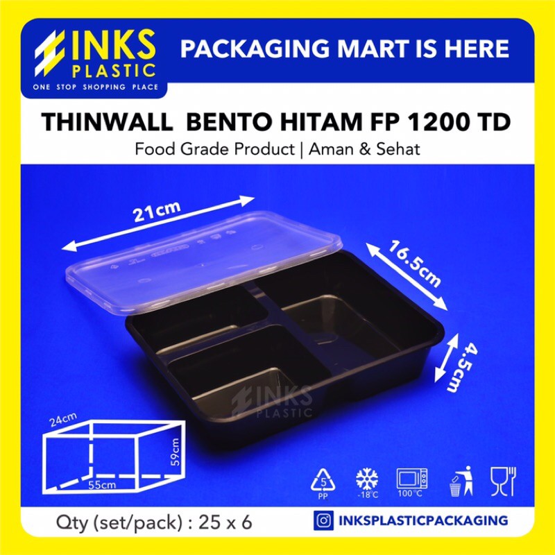 THINWALL BENTO SEKAT 3 HITAM (150 PCS)