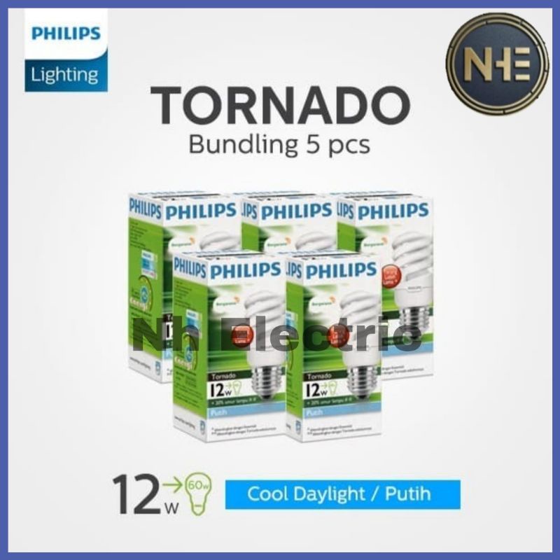 Lampu Philips Tornado 12W Watt Putih CDL E27 - Spiral 12 Watt Philips White 220V SNI Bundling 5 Pcs