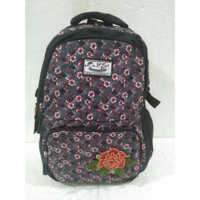 Tas ransel sekolah silver girl hitam grey motif kembang laptop ori