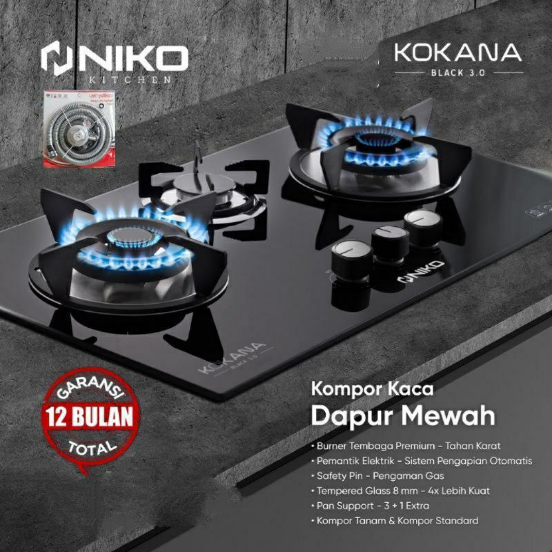 Niko Kokana Black 2.0 - 3.0 Kompor Gas Tanam 2 tungku dan 3 tungku KACA