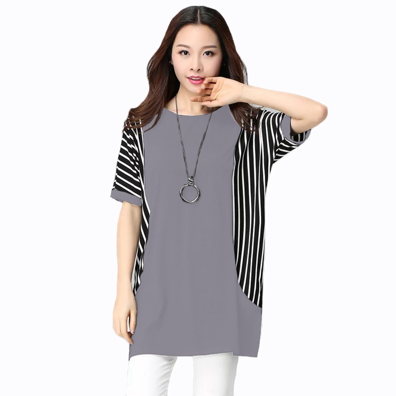 Blouse Tangan Pendek Wanita Gaya korea Kombinasi Salur - XSHOP Carol