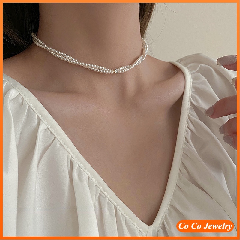 Co Co Co Kalung Choker Rantai Multisusun Pendan Mutiara Imitasi Untuk Wanita