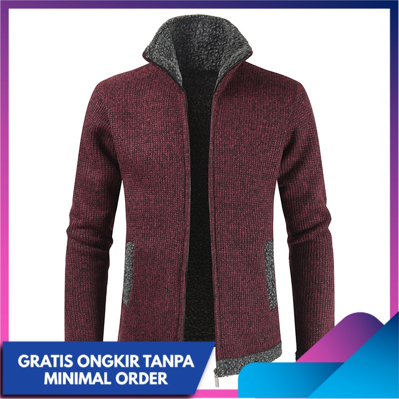 Jaket Kasual Pria Berharap Kerah Berri Zipper Cargan Beludru Tebal Rajut Import