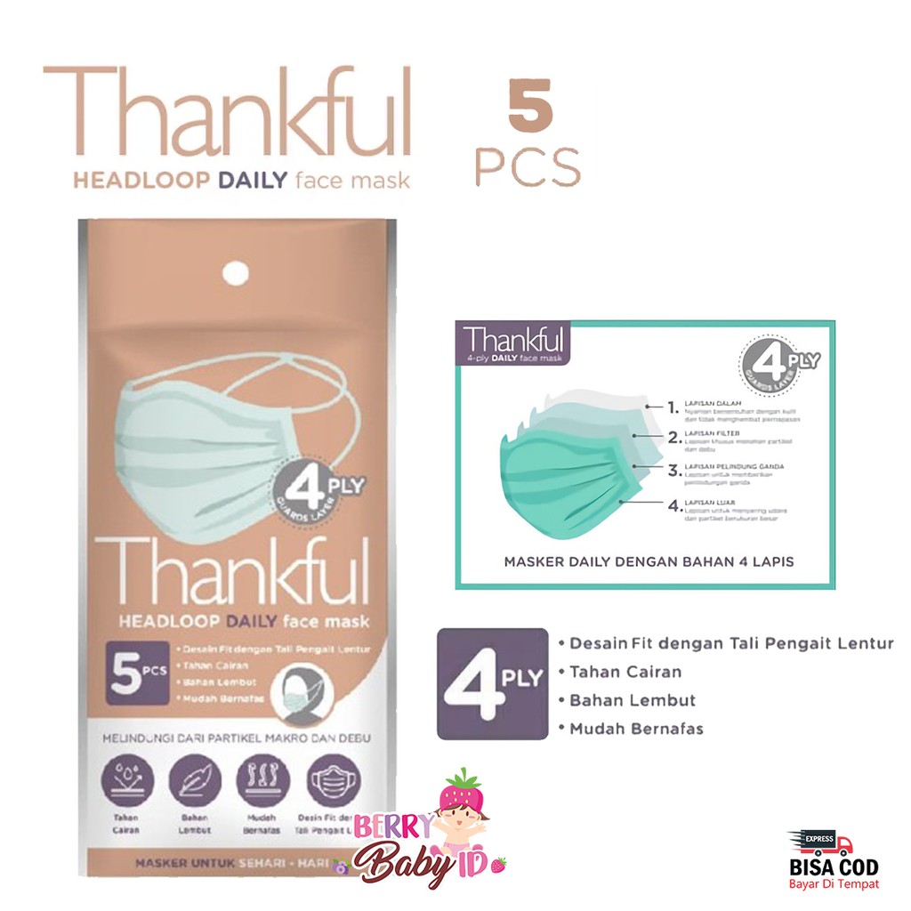 Thankful Masker Hijab Dewasa 4 Ply Isi 5 Pcs Headloop Daily Face Mask Berry Mart