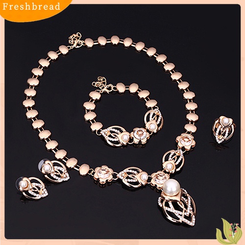 Terlaris Crystal Faux Pearl Gold Plated Ring Earrings Bracelet Collar Necklace Jewelry Set