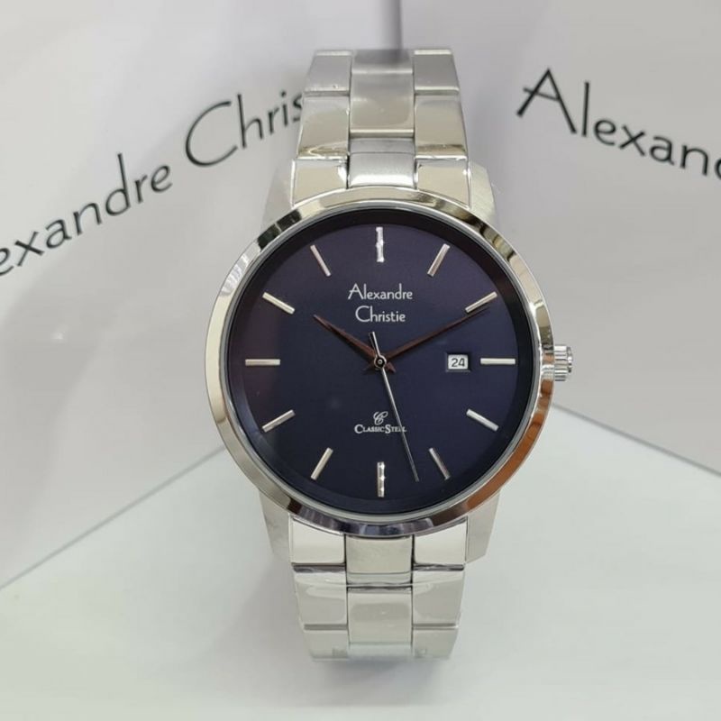 jam tangan alexandre christie pria analog simple klasik elegant AC 8645 rantai silver hitam