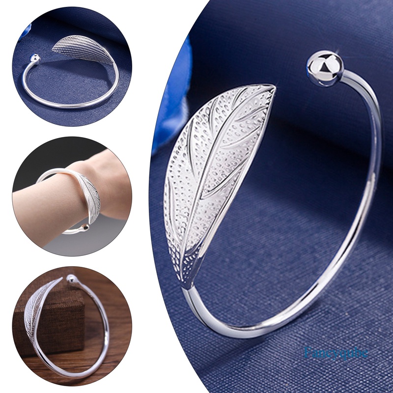 Gelang Bangle Open Desain Daun Warna Silver Untuk Wanita