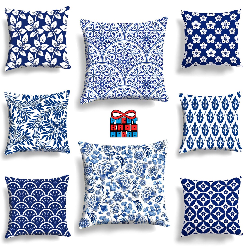 Bantal Sofa Print Motif Abstrak Porcelain Keramik Blue and White / Biru dan Putih 40x40 cm - Pusat Kado Murah