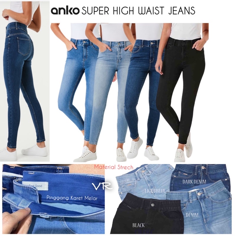 ANKO Celana HW [ Pinggang Karet ] High Waist Jeans Anko Denim Blue