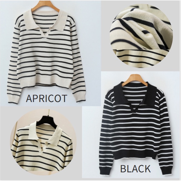 KNIT STRIPE WANITA V LENGAN PANJANG PREMIUM SWEATER KOREA