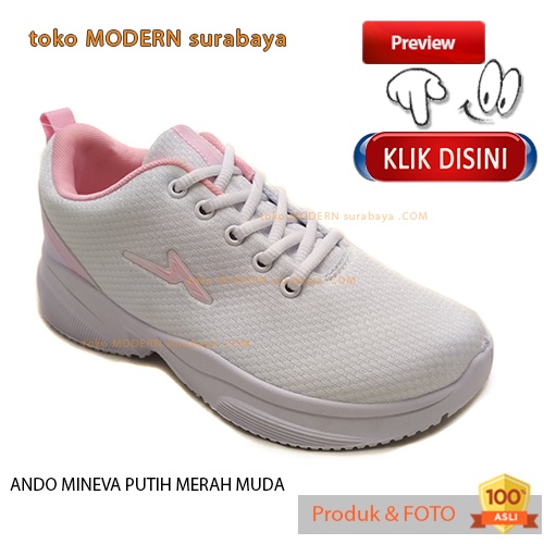 Sepatu wanita olahraga sneakers kets tali ANDO MINEVA PUTIH MERAH MUDA