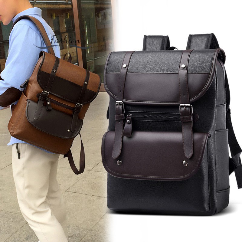 Tas Ransel Punggung Backpack Laptop Travel PU Leather Kulit tali