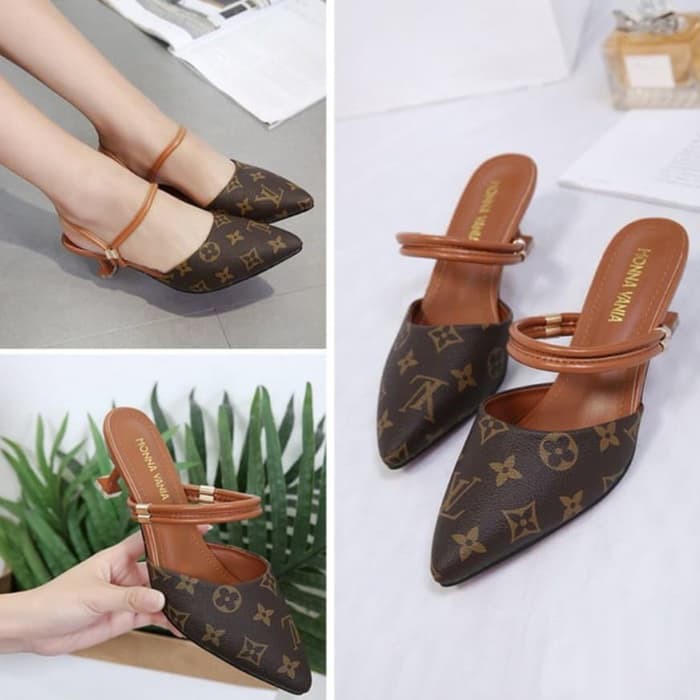Fresha Sepatu Heels Canvas M Original Import Mewah Elegan Unik Ca MH468 High Heels Lv Bunga F05 Ta