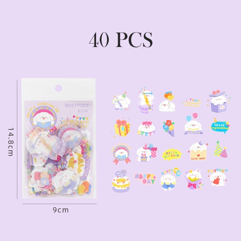 STICKER PVC 40 PCS KOREAN BEAR & FRIENDS ANTI AIR BUJO AESTHETIC SCRAPBOOK-PURPLE