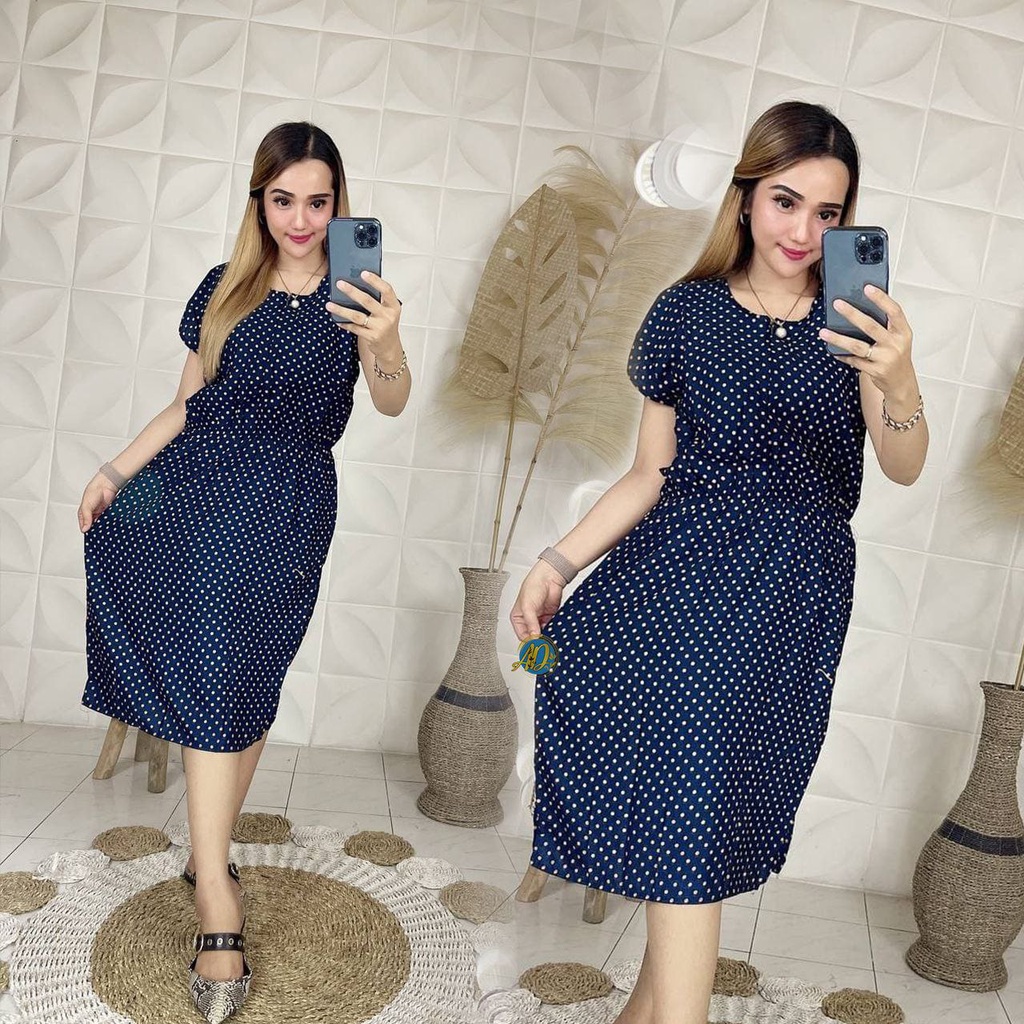 Daster Kekinian Manohara Polka Jumbo Rayon Premium Dress Wanita Lengan Pendek Baju Casual LD 130