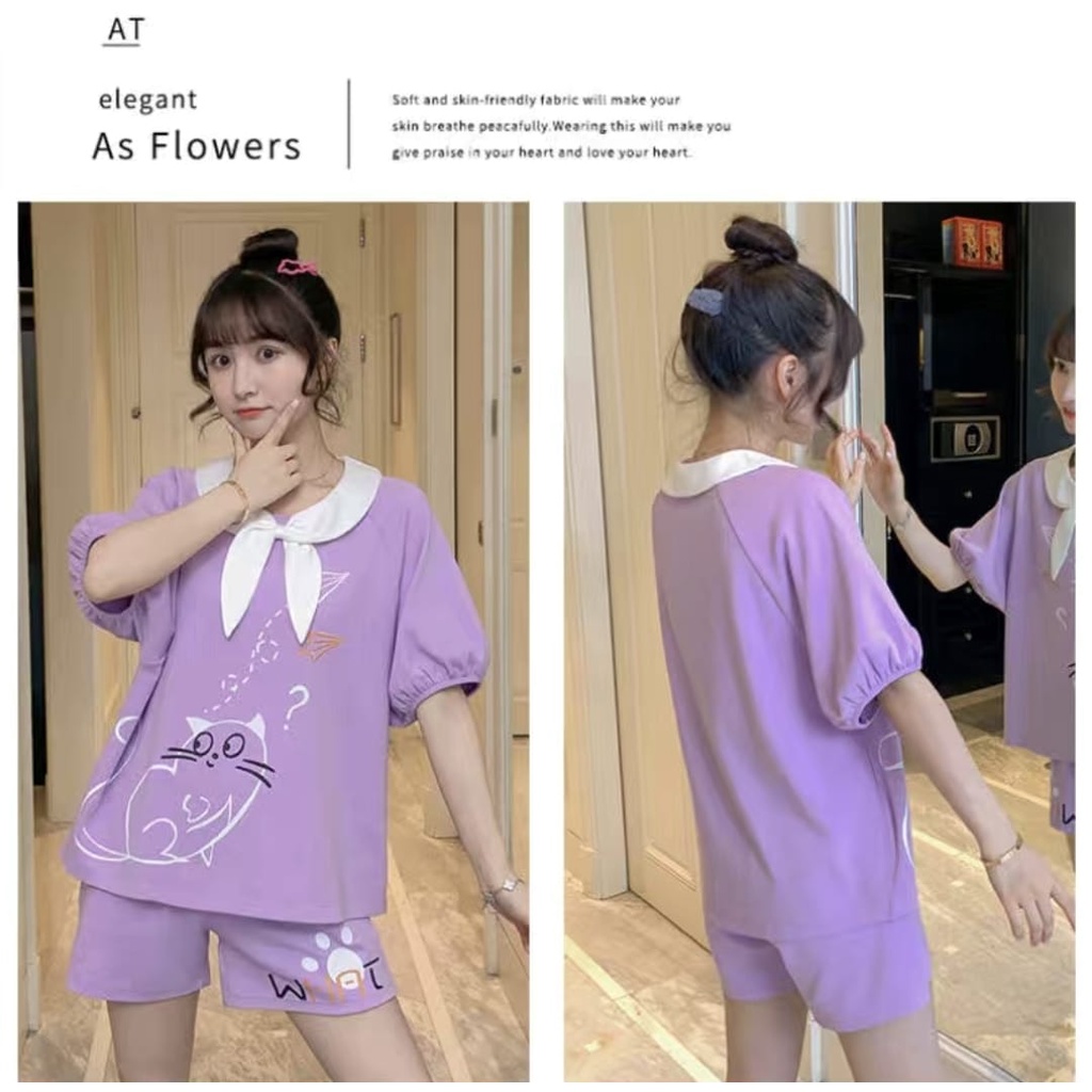 Baju tidur piyama lengan pendek celana pendek bahan kaos import