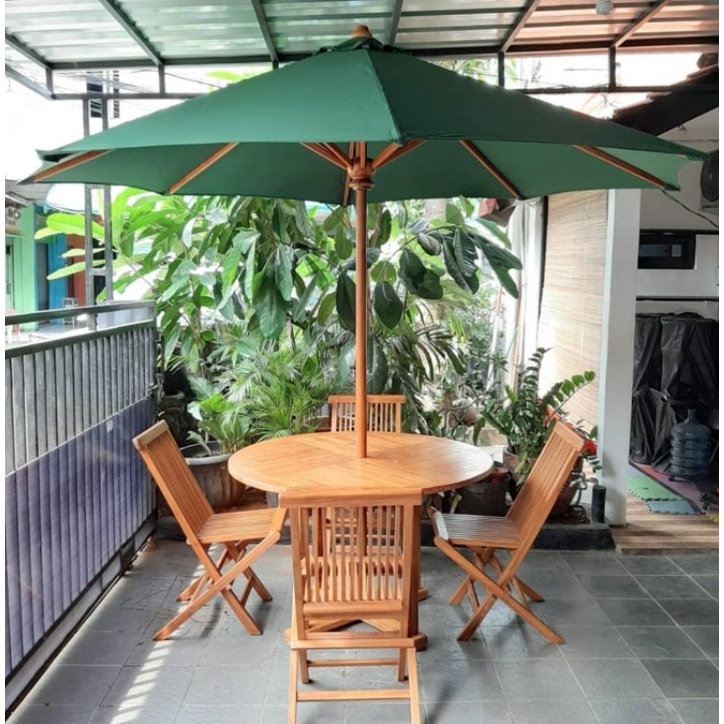 Meja dan Kursi Kayu Jati Payung Taman Anti Air / Waterproof untuk Outdoor / Cafe / Resto / Restoran 