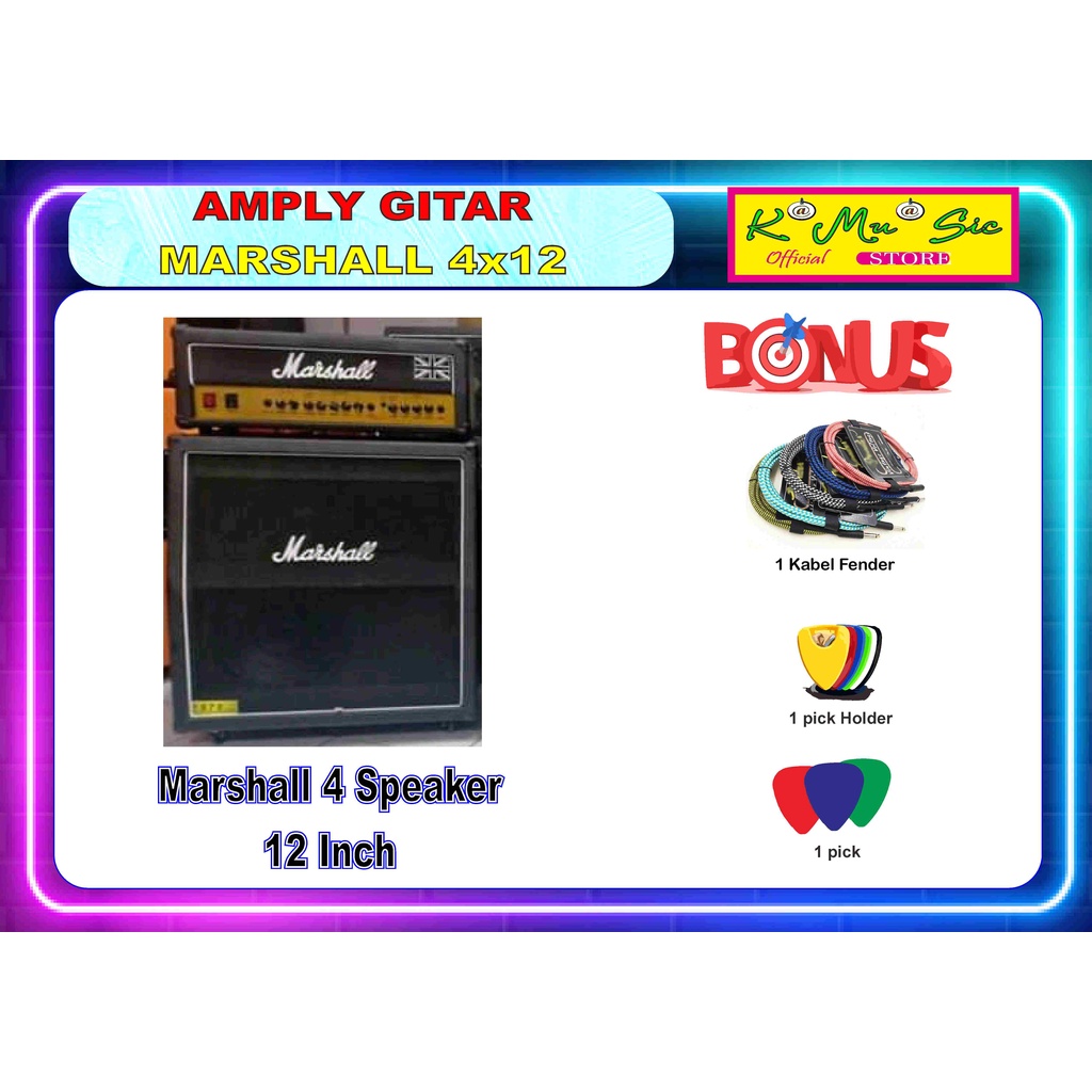 Ampli Gitar efek distorsi Marshal Marshall head cabinet 4x12 inch bonus kabel fender pick holder pic