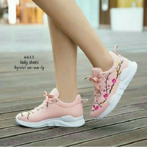 Bellagio Hanson Sneakers Shoes | Sepatu Kets Casual Santai Corak Bunga Tulip Wanita Warna Pink