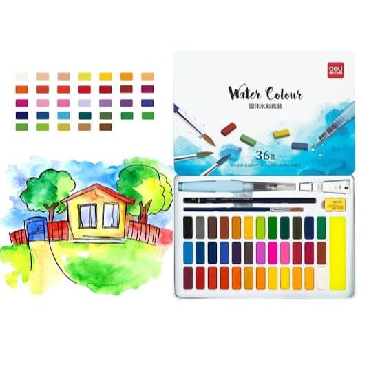 CAT AIR SOLID PALET PADAT SET 36 WARNA DELI 73877 BONUS KUAS SOLID WATERCOLOR BAGUS