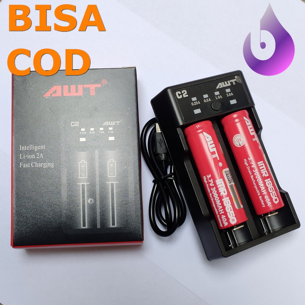 PAKET CHARGER DAN 2 BATTERY AWT AUTHENTIC AWT VAPE 18650 2 SLOT