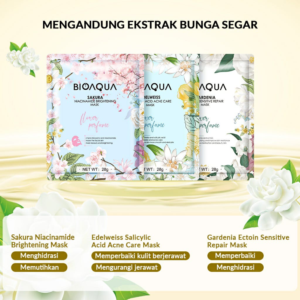 BIOAQUA Sheet Mask Masker Wajah Flowers Series (28g/pcs) Hydrating Essence Face Mask Brightening dan Anti Acne / BS