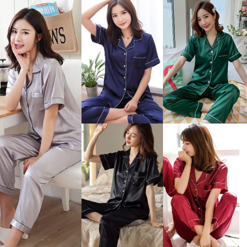 Setelan Piyama Baju Tidur Wanita CP silk/Piyama Lengan Pendek Krah Kancing Polos Bahan Satin Premium