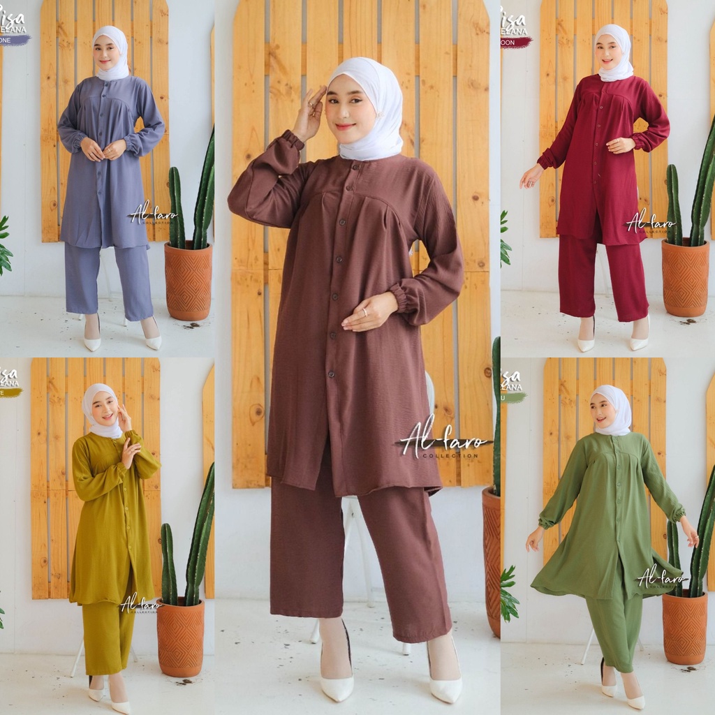 Setelan celana one set ANJANI RISA original by AL FARO atasan celana crinckle terbaru casual shabby limitted setelan wanita busui bumil tunik long kancing kemeja kerja muslim ootd fashion lylac denim army