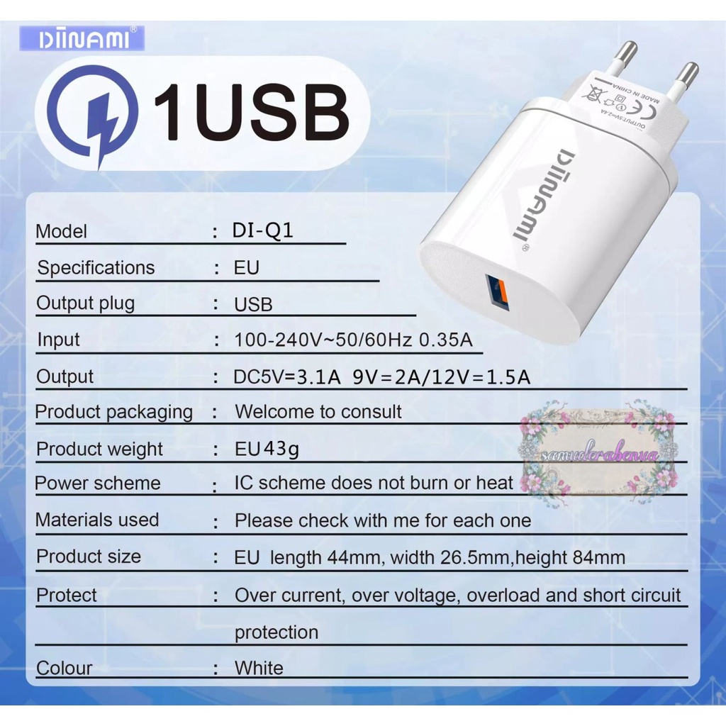 DIINAMI Adaptor Charger DM-Q1 Batok Charger Single Port Quick Charger 18W Qualcomm QC3.0 3A Output - Garansi Original Resmi 1 Tahun SB4116