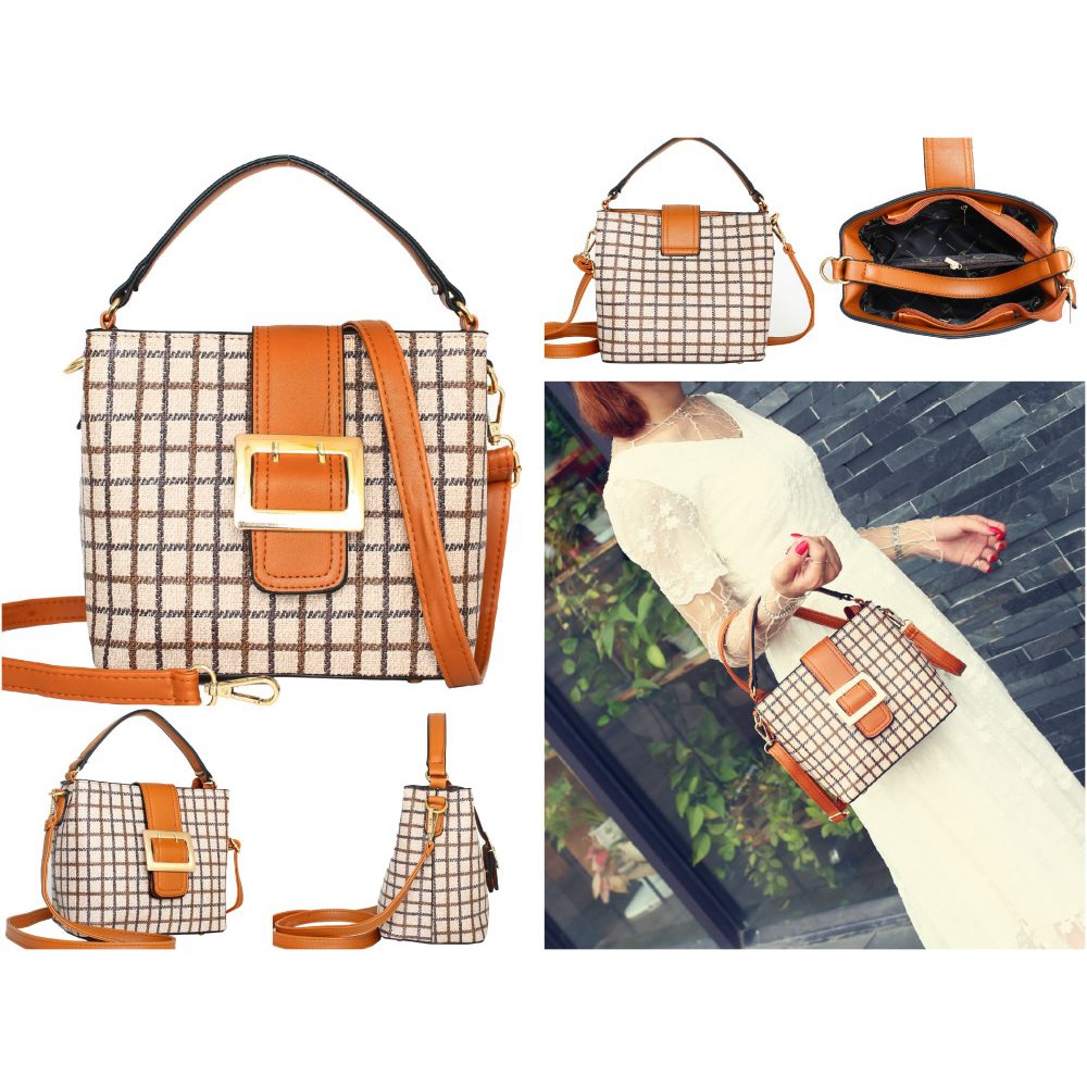 tas tangan coklat muda import wanita motif kotak-kotak elegan murmer