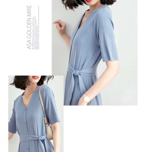 【Elegant】Korean Casual Lembut Knit V-neck Dress 7103