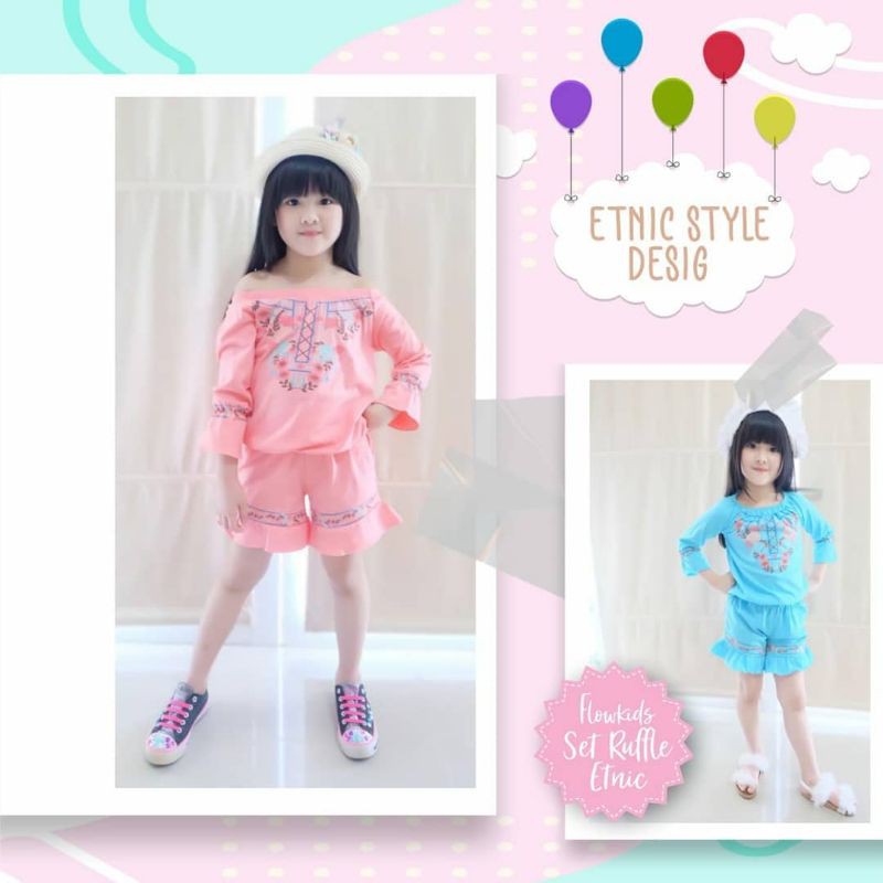 SET RUFFLE ETNIC FLOWKIDS - baju setelan ruffle anak cewek perempuan murah bagus lucu girly adem