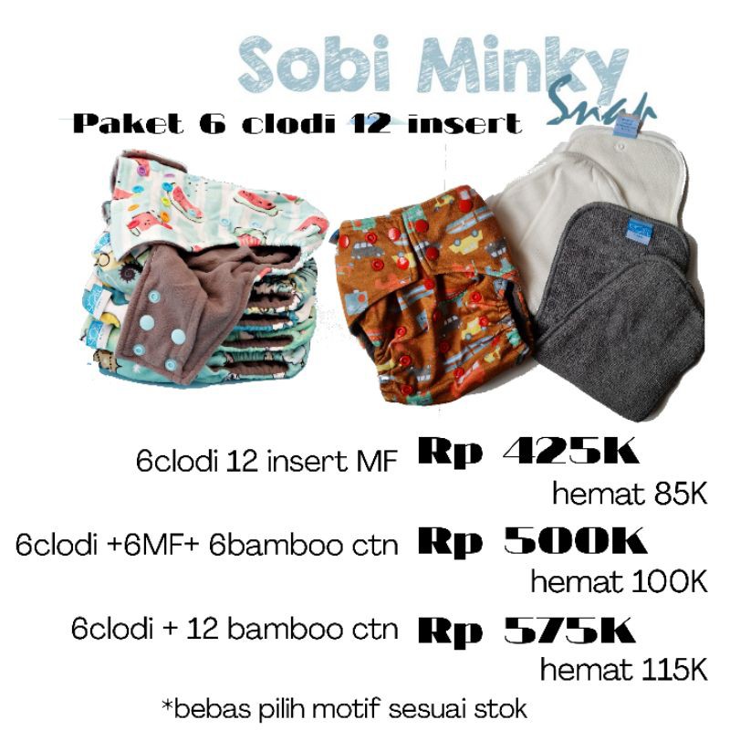 Paket 6 clodi set insert Sobi minky microfiber sobi overnight bamboo cotton charcoal