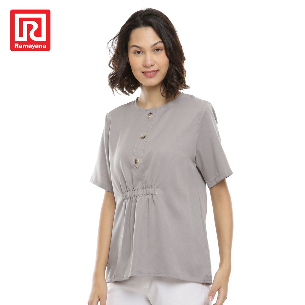 Ramayana - JJ Jeans Blouse Wanita Kancing Kombinasi Kerut S/S B042028 Biru M-abu