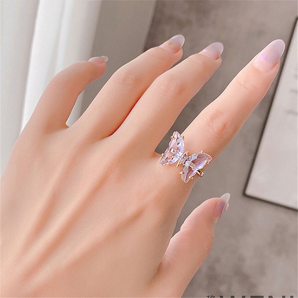 Needway  Shiny Butterfly Finger Ring Colorful Jewelry Open Ring Women Simple Style Transparent Candy Color Elegant Fashion Gift For Women/Multicolor