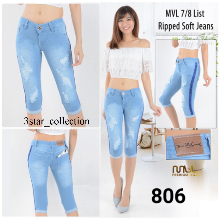 Celana Jeans 7/8 Sobek List Biru MVL 806