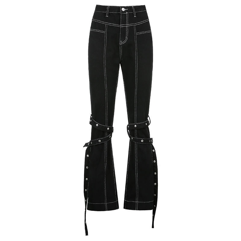 BIIKPIIK Gaya Eropa dan Amerika Street High Waist Lurus Garis Terbuka Pita Celana Jeans Wanita Longg