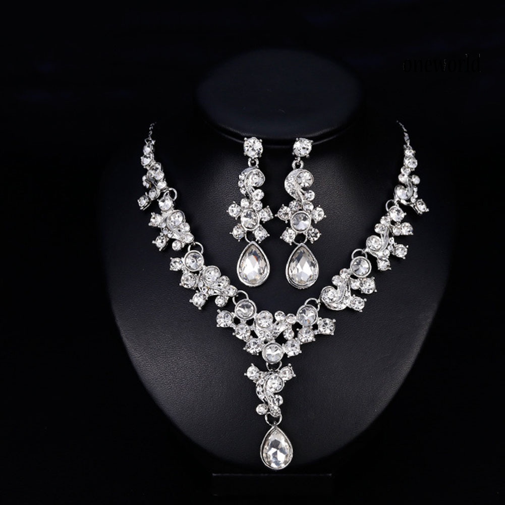 OW@ Luxury Women Rhinestone Flower Necklace Ear Stud Earrings Wedding Jewelry Set