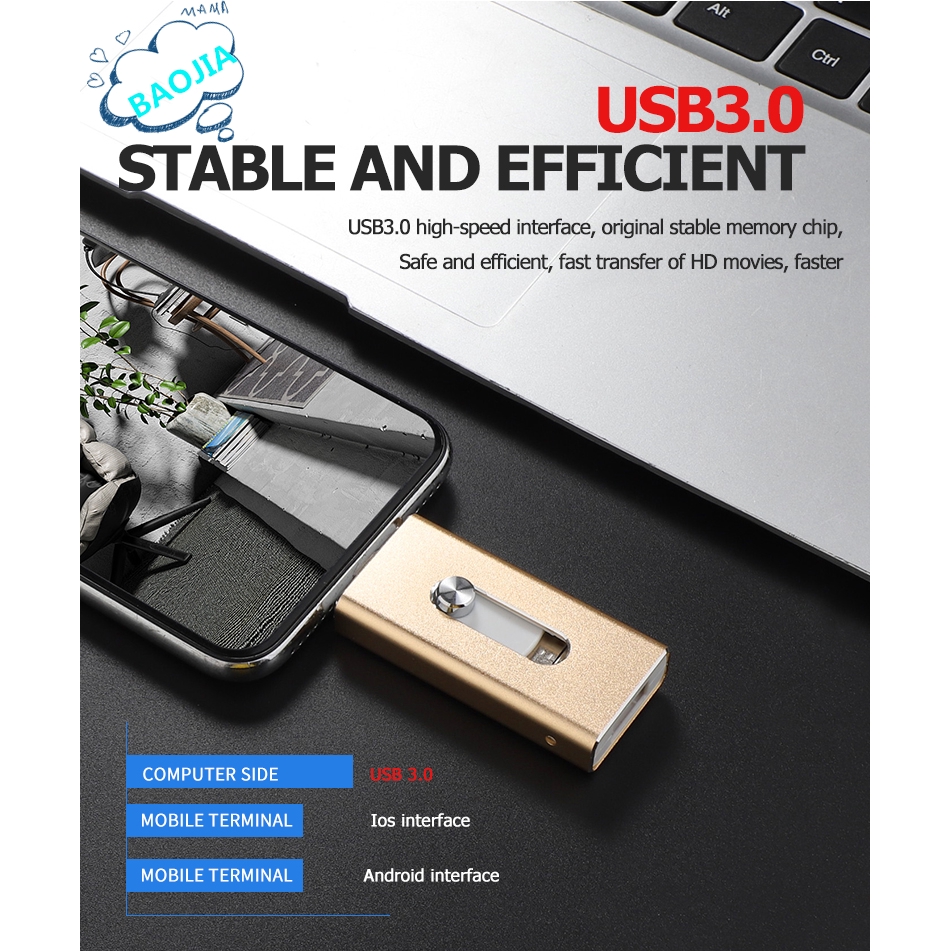 iPhone Android USB 3In1 Metal USB Flash Disk OTG Memory Stick