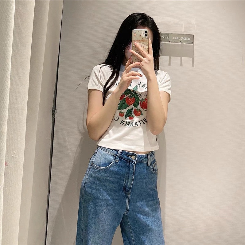 kaos wanita atasan katun crop top gaya jepang kaus lengan pendek gaya garam