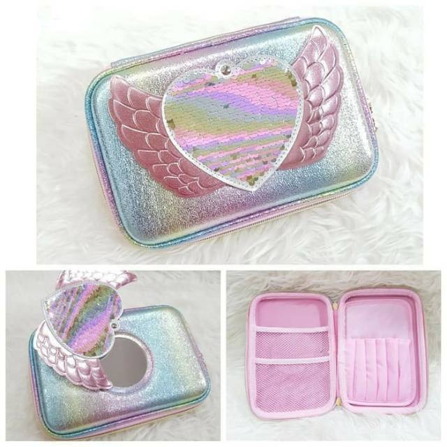 

Tempat Case Kotak Pensil Model SMIGGLE Hologram Sequin Cermin Love