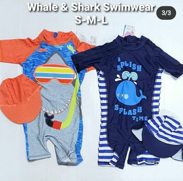 Baju renang bayi import/ baby swimwear/ baju renang romper bayi shark/ baju renang anak