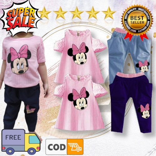 VISION ONLINE-SET STRIPY BAJU SABRINA CELANA DENIM  ANAK PEREMPUAN 1 2 3 4 TAHUN LUCU KOREA MURAH