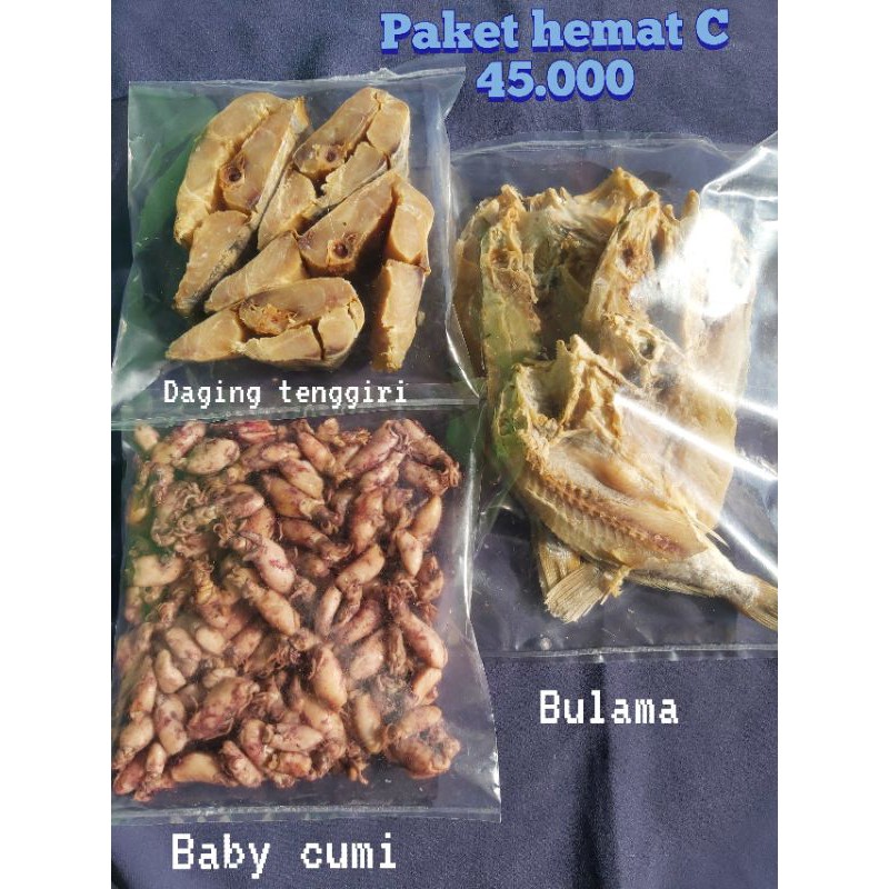 

Paket hemat C daging tenggiri, Baby cumi lokal, Bulama)