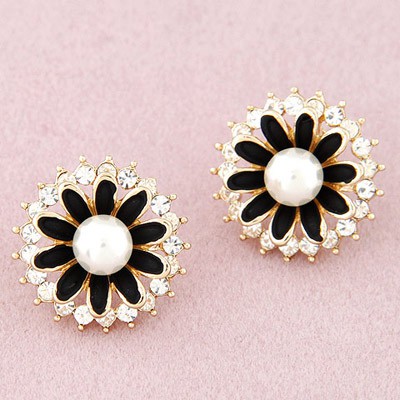 LRC Anting Tusuk Little Black Diamond Decorated Flower Design