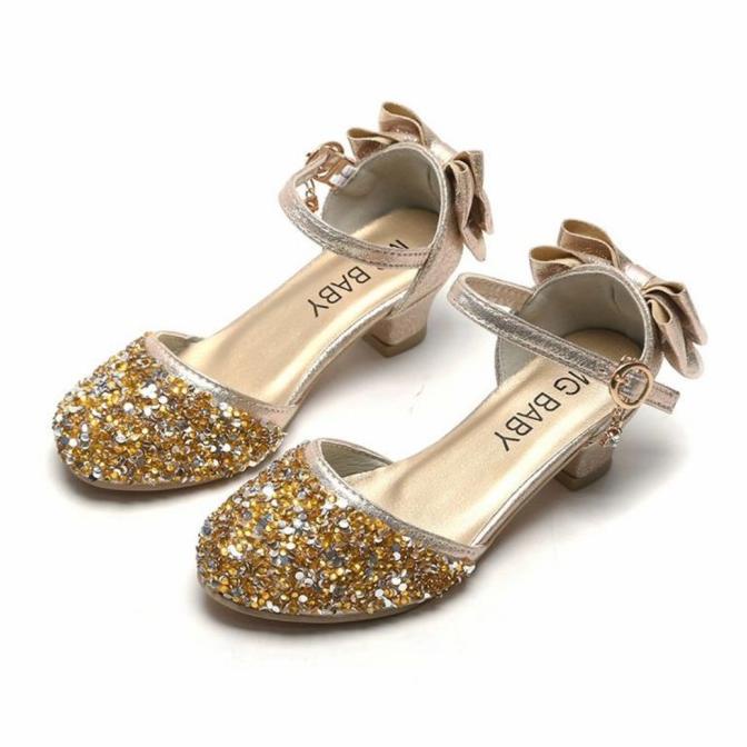 sepatu gold hak tinggi anak perempuan /sepetu pesta size 26-35 anak Star Seller Termurah
