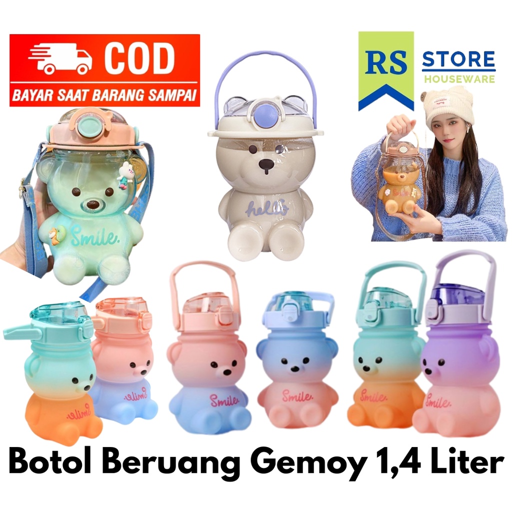 Botol minum viral gemoy motif beruang korea terbaru cantik 1,4 liter 1400ml dewasa dan anak sekolah 