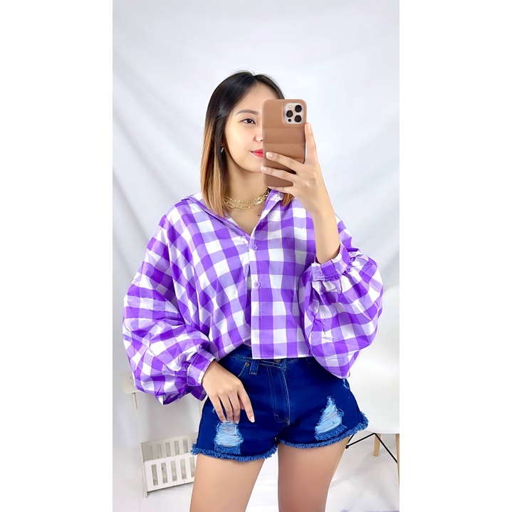 Tq88indonesia Fashion Baju Blouse Kalong Wanita Terbaru / JENNIE BATWING TARTAN OVERSIZE / OUTER BALON GRID SQUARE TARTAN / Ootd Kekinian / Outfit Kekinian / Ootd